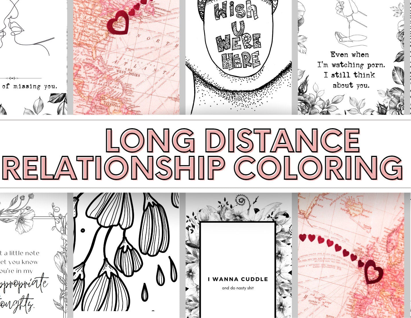 Long Distance Relationship coloring pages to soothe anxious attachment. 8 printable dirty coloring pages. Mini Coloring Book.