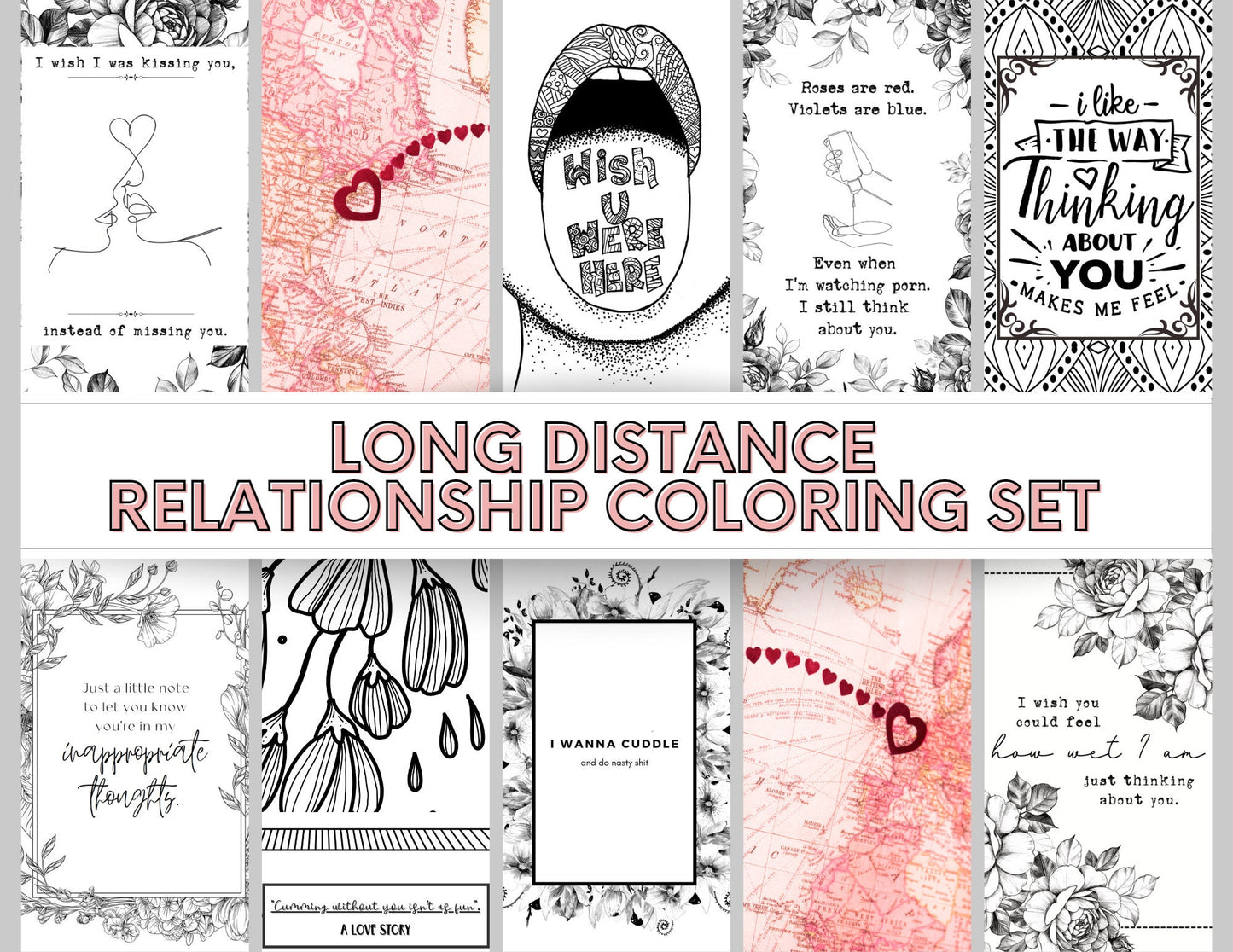 Long Distance Relationship coloring pages to soothe anxious attachment. 8 printable dirty coloring pages. Mini Coloring Book.